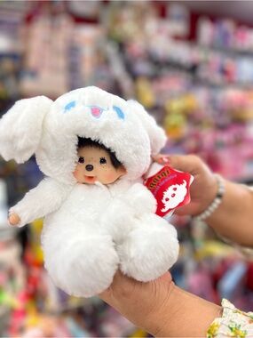 Munchichi Cinammon Sanrio White Bunny Plush Doll with Embroidered Hood